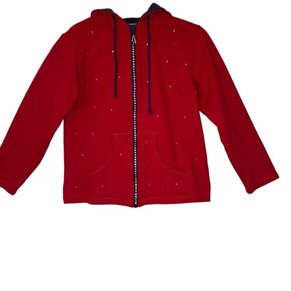 Quacker Factory Red & Navy Hooded Zip Sweatshirt with Crystal Beading Sz S - Picture 1 of 14